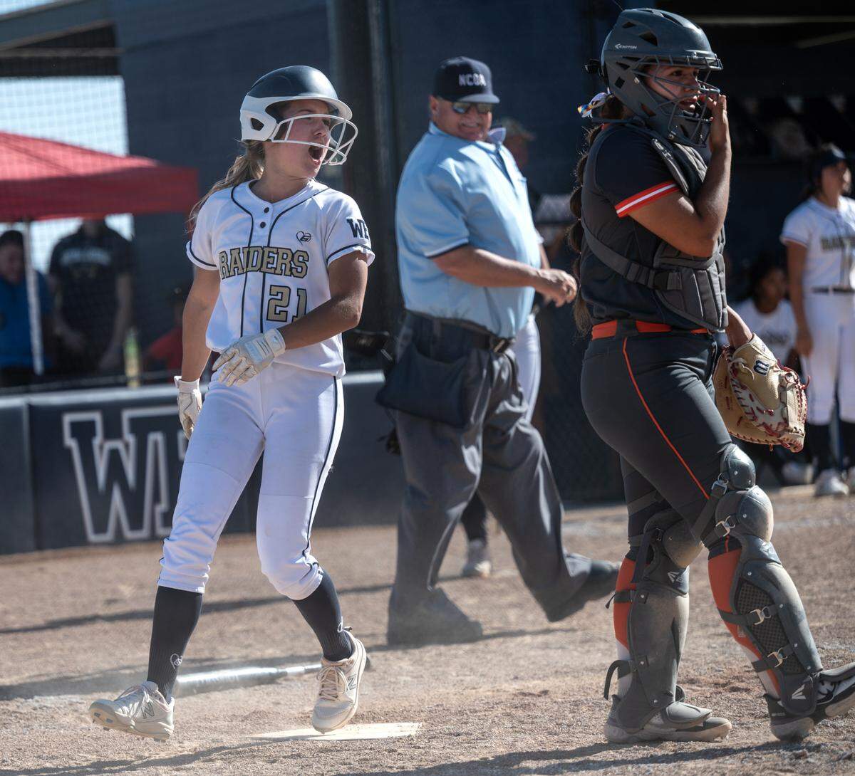 Central Catholic’s Adison Machado scores a run during the CIF Sac-Joaquin Section Division III softball playoff game with Merced at Central Catholic High School in Modesto, Calif., on Thursday, May 19, 2022. Central won the game 4-1.