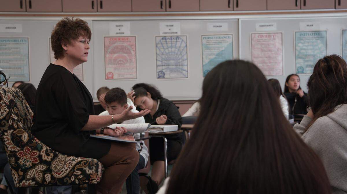 In this production still for the documentary ‘The Antidote,’ Johansen High School teacher Sherry McIntyre leads her world religions course in 2018 in Modesto CA.