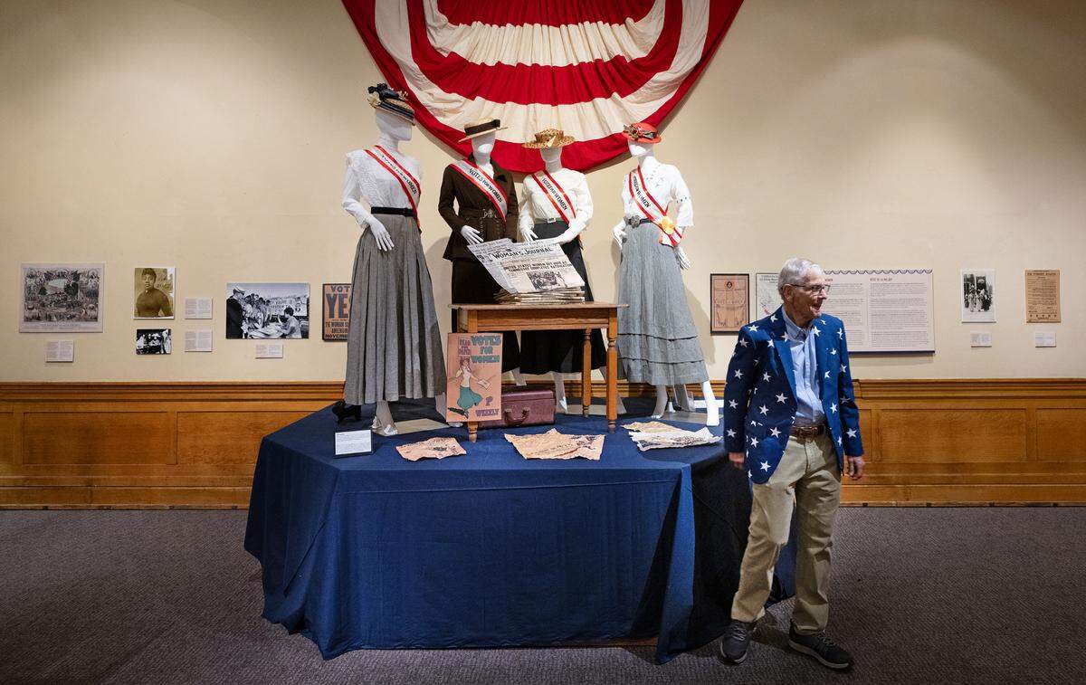 Retired MJC political science professor Randy Siefkin loaned many political items from his personal collection for the ‘California Votes: Exercise Your Right!’ exhibit at the McHenry Museum in Modesto, Calif., Friday, Sept. 27, 2024.