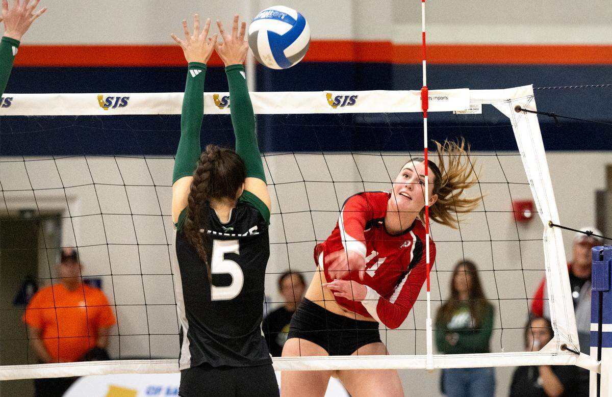 Ripon’s Adriana Dorn spikes the ball during the Sac-Joaquin Section championship match with Liberty Ranch at Cosumnes River College in Sacramento, Saturday, Nov. 9, 2024.