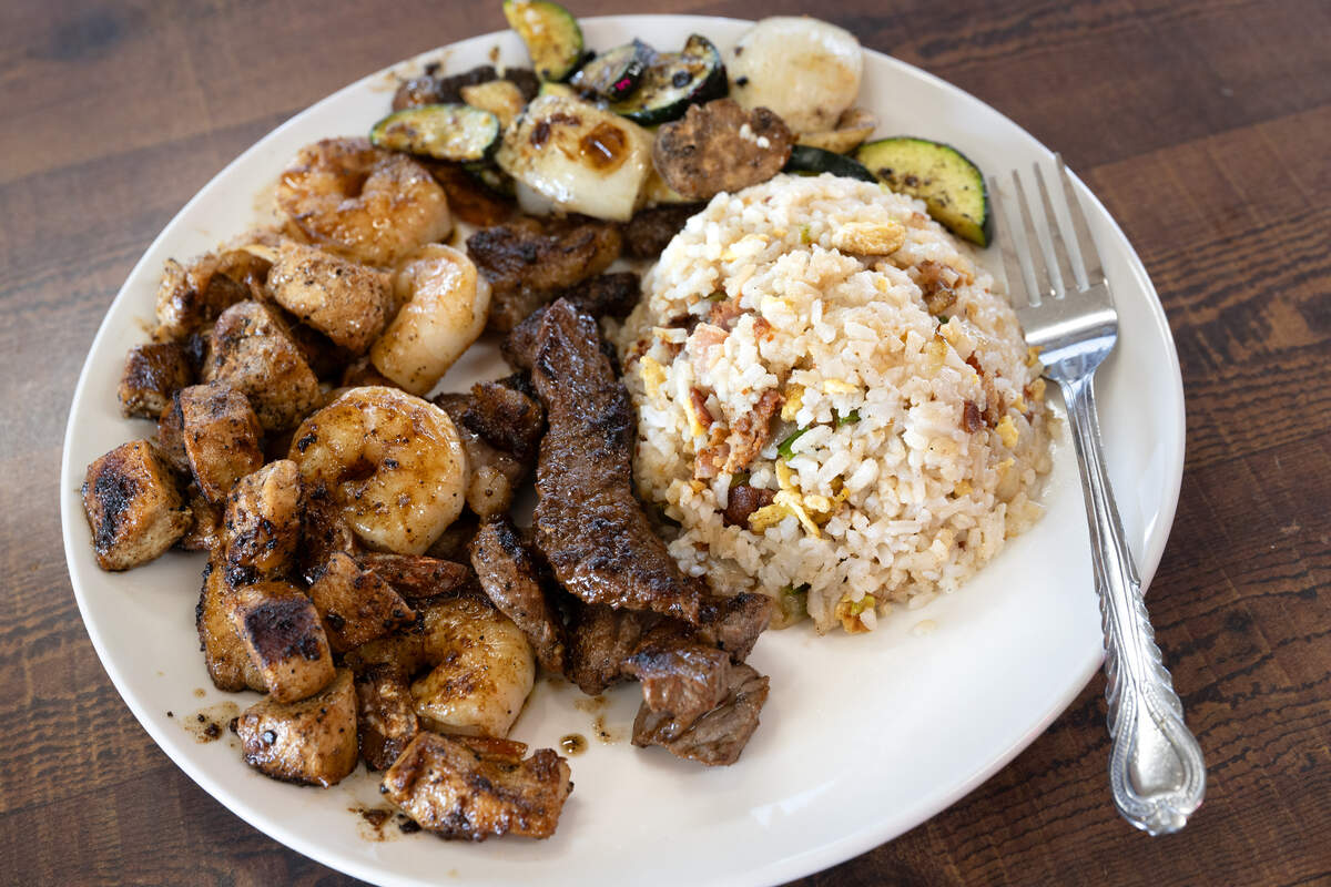 The Three Way Combo (hibachi shrimp, chicken and rice, rib eye steak, with grilled vegetables) at Kurbside Eatery in Denair, Wednesday, July 16, 2025. 