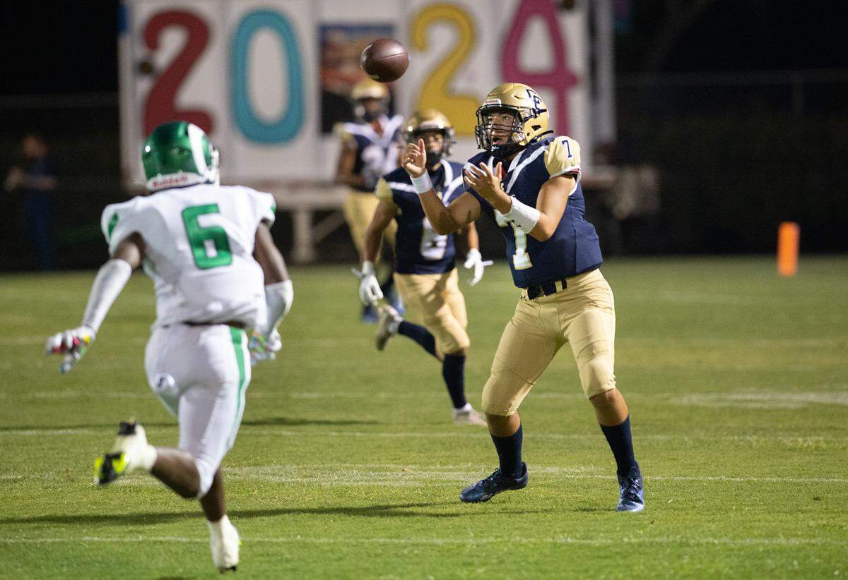 Central Catholic’s Joseph Salacup fields a short kickoff during the non-league game with St. Mary’s at Central Catholic High School in Modesto, Calif., on Friday, September 2, 2022.