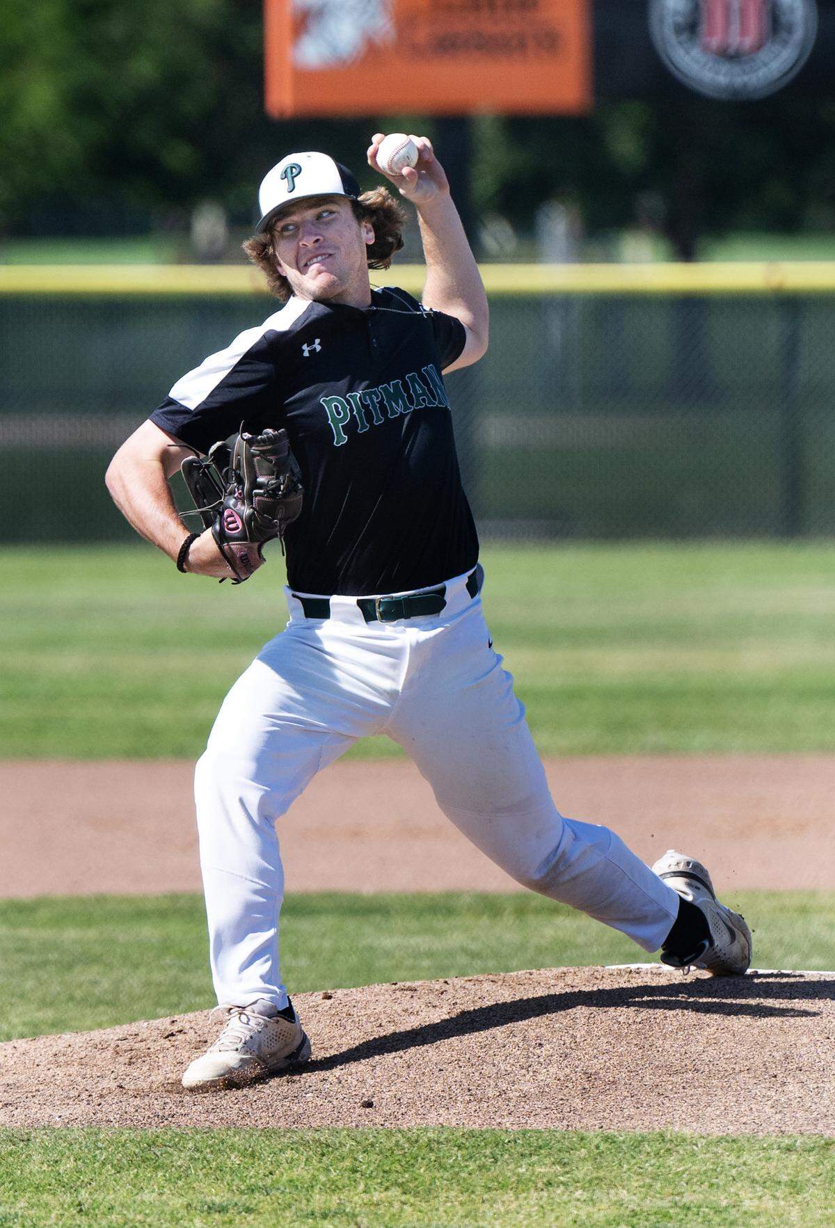Pitman’s Andrew Balentine delivers a pitch during Sac-Joaquin Section Division 2 baseball playoff game with Rodriguez at Pitman High School in Turlock, Calif., Thursday, May 11, 2023.