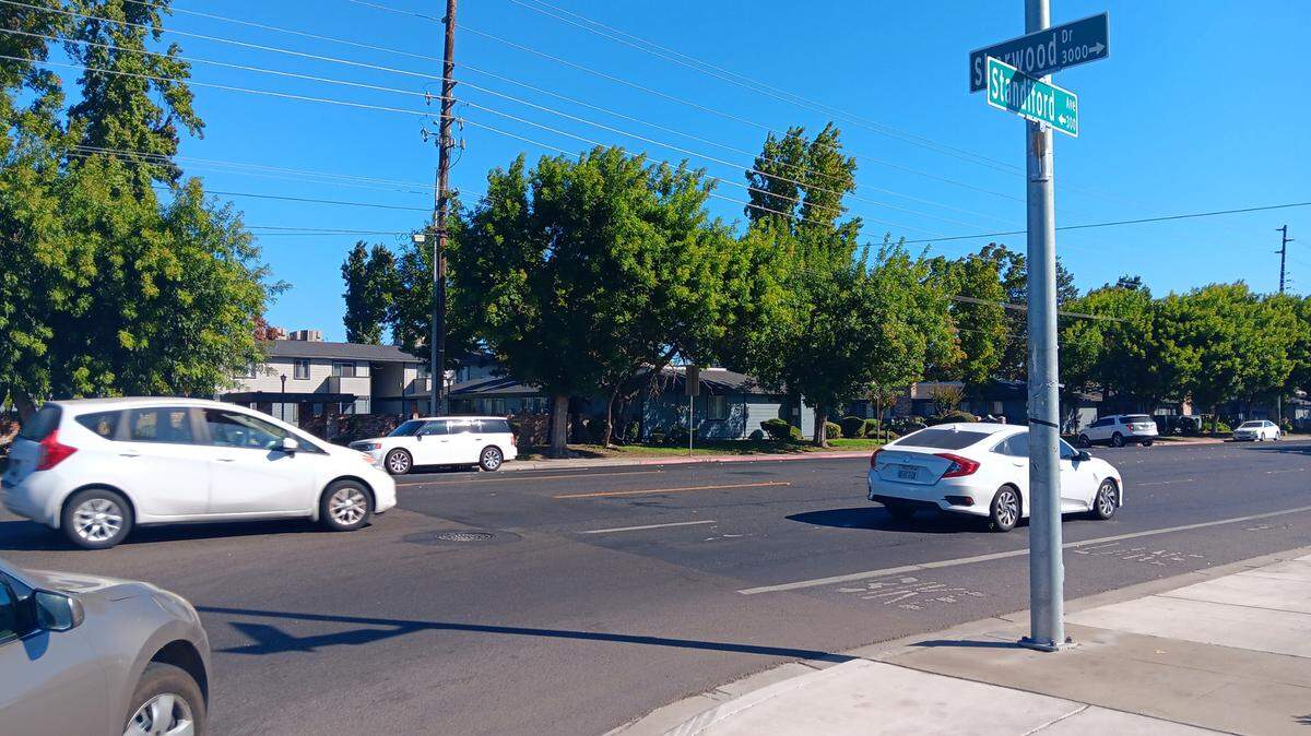 Modesto police say a driver struck and killed a 59-year-old man as he crossed Standiford Avenue near Sherwood Avenue Tuesday night, Oct. 10, 2023. The driver was arrested on suspicion of gross vehicular manslaughter and driving under the influence. Standiford is pictured Wednesday morning.