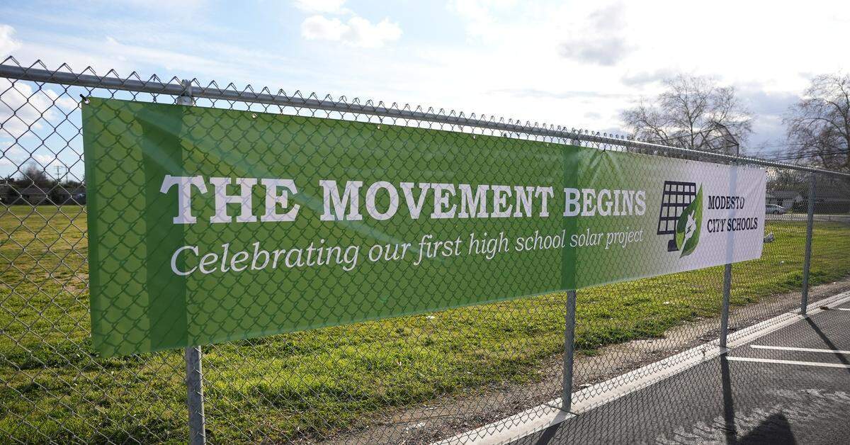 This banner was hung at Davis High for the groundbreaking of the solar parking shade in the student lot.
