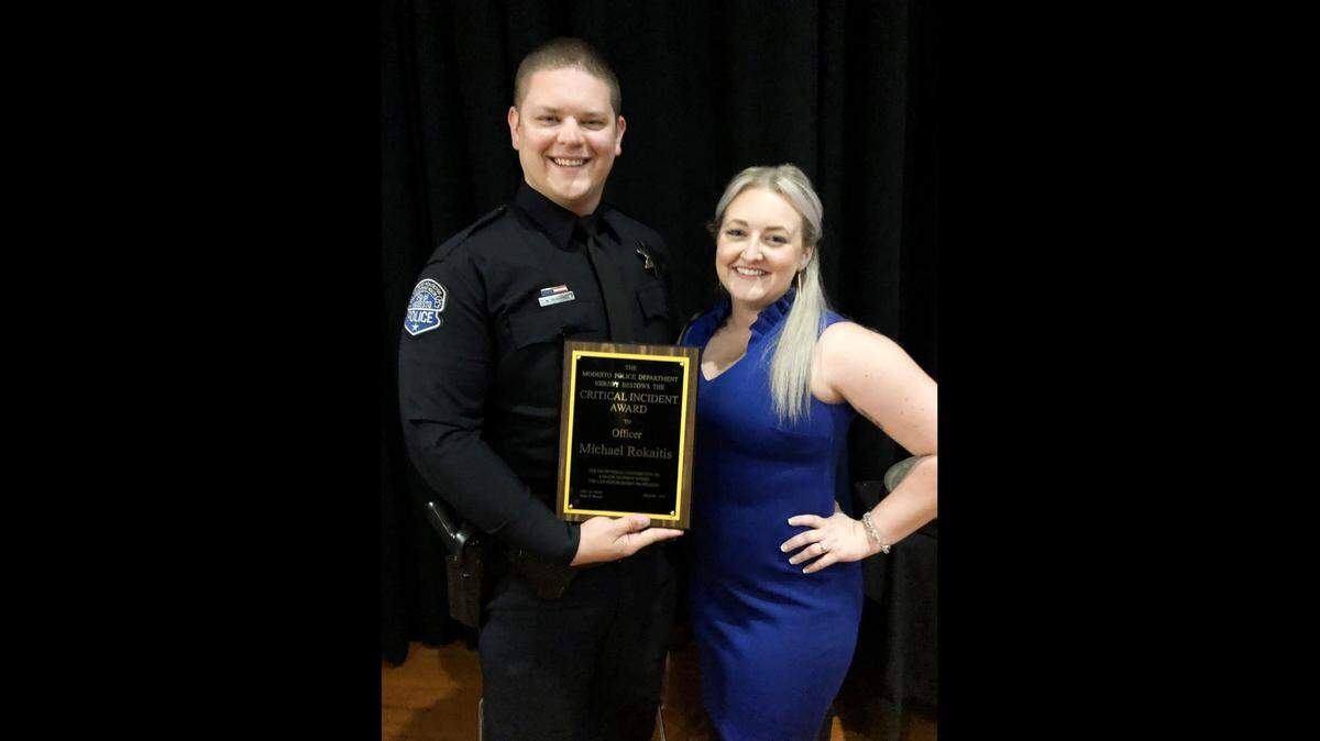 Modesto Police Officer Michael Rokaitis with his wife Megan.