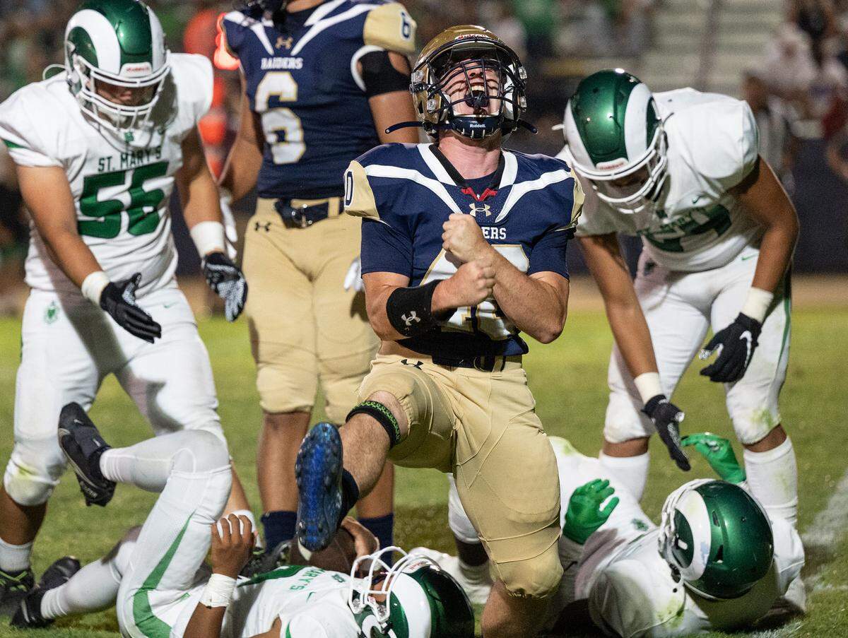 Central Catholic’s Christopher Early reacts after sacking St. Mary’s quarterback Samson Hunkin during the non-league game at Central Catholic High School in Modesto, Calif., on Friday, September 2, 2022.