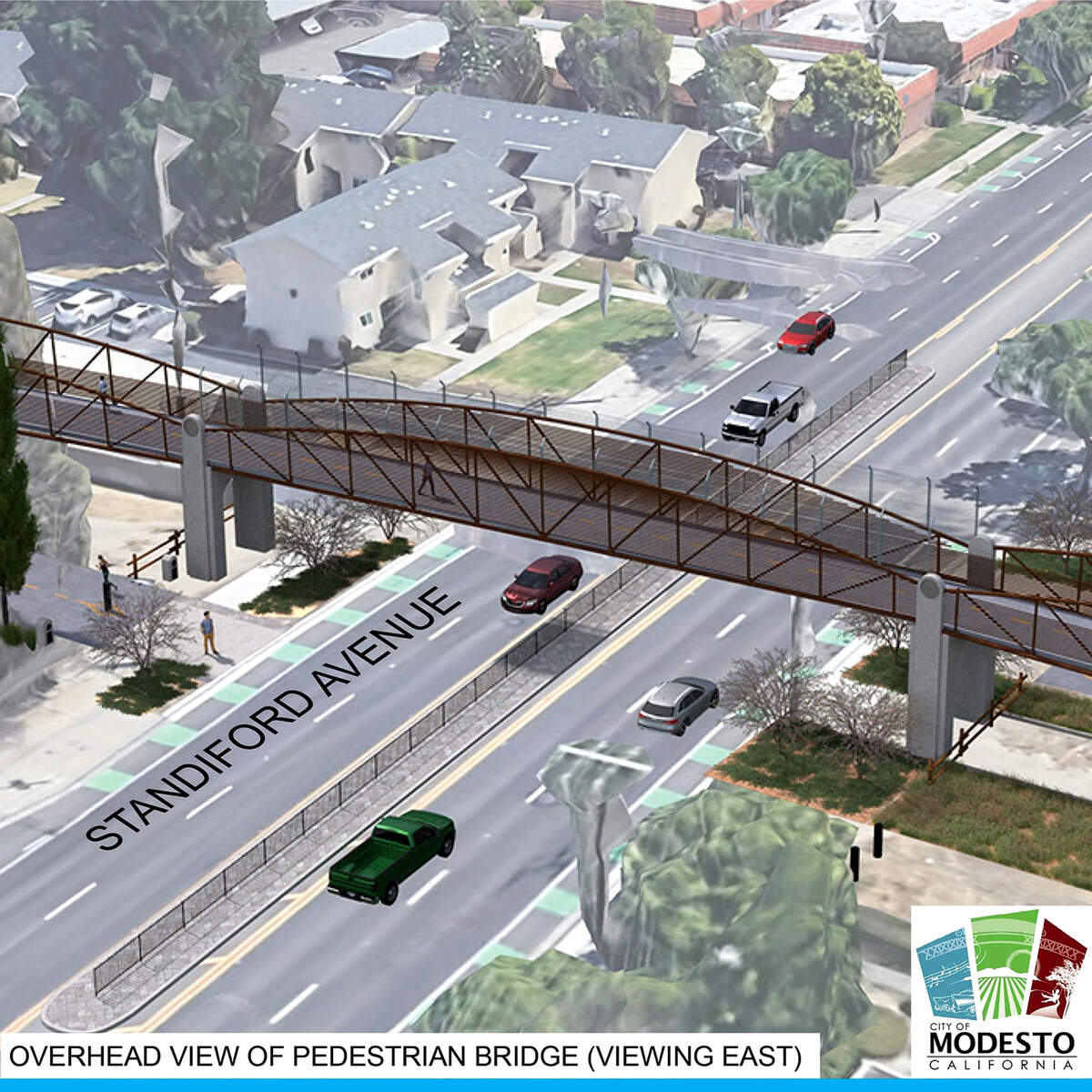 An architect rendering shows the Standiford Avenue bridge that will be part of the next phase of the Virginia Corridor Trail in Modesto, Calif. The City Council approved the construction contract on July 22, 2025.