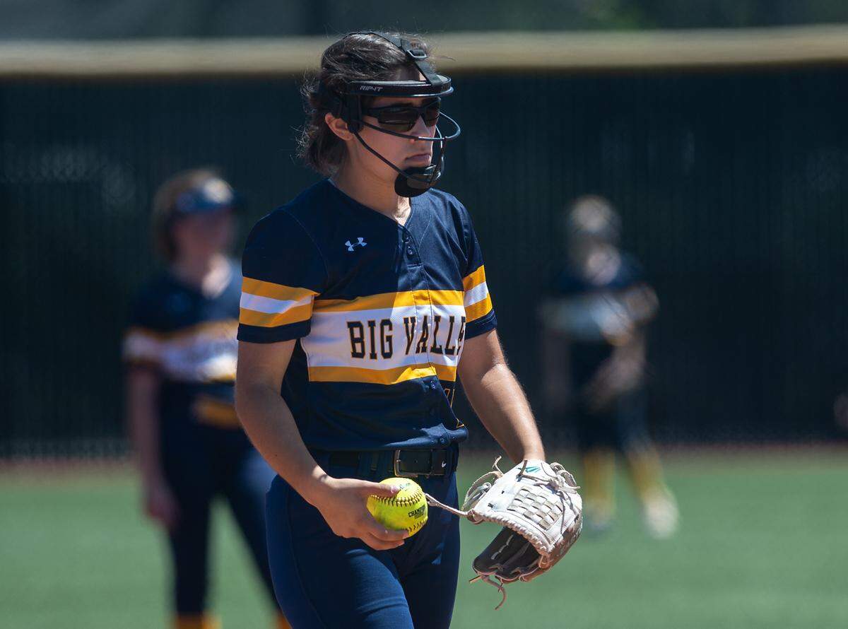 Big Valley Christian’s Ava Hernandez readies to pitch during the Sac-Joaquin Section Softball Division VII championship game with Stone Ridge Christian at Delta College in Stockton, Calif., on Saturday, May 21, 2022. Big Valley Christian won the game 5-3.