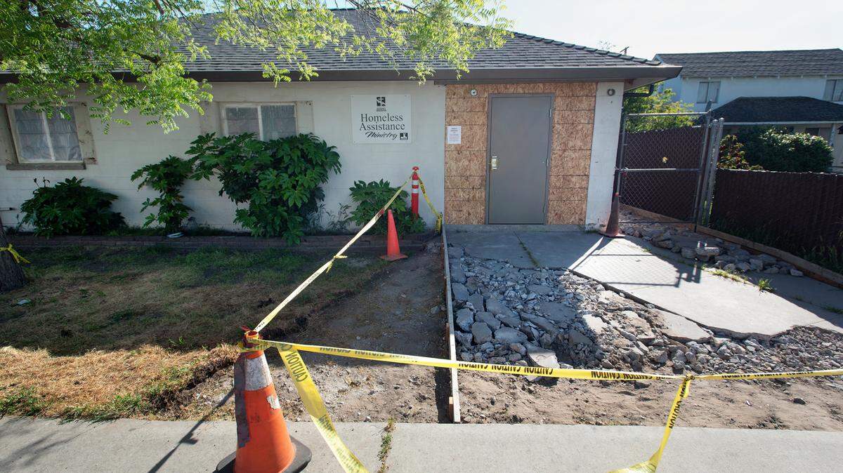 Turlock Gospel Mission day center for the homeless in Turlock, Calif., Thursday, April 27, 2023. The city has not completed its renovation of the day center at Broadway and D Street in downtown Turlock, the city closed the center in winter 2019.