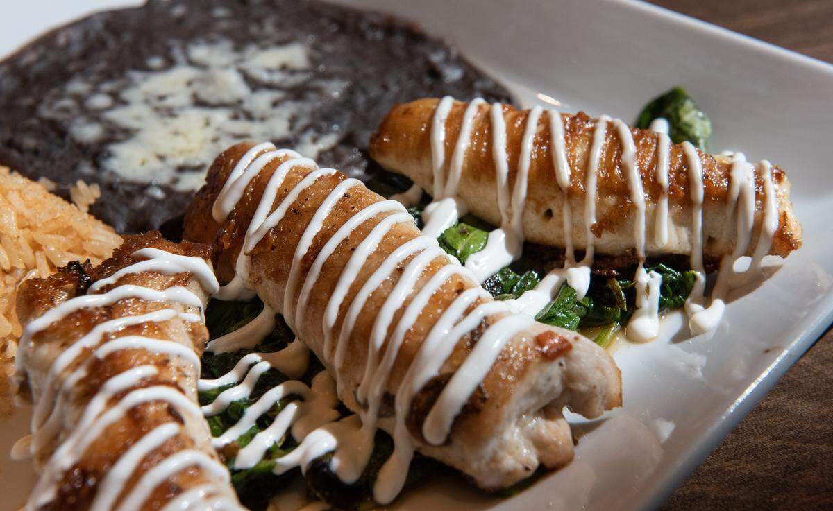 Rolled chicken breast stuffed with mushrooms and spinich at Memo’s Cocina & Tequila Bar in Modesto, Calif., on Thursday, Feb. 24, 2022.