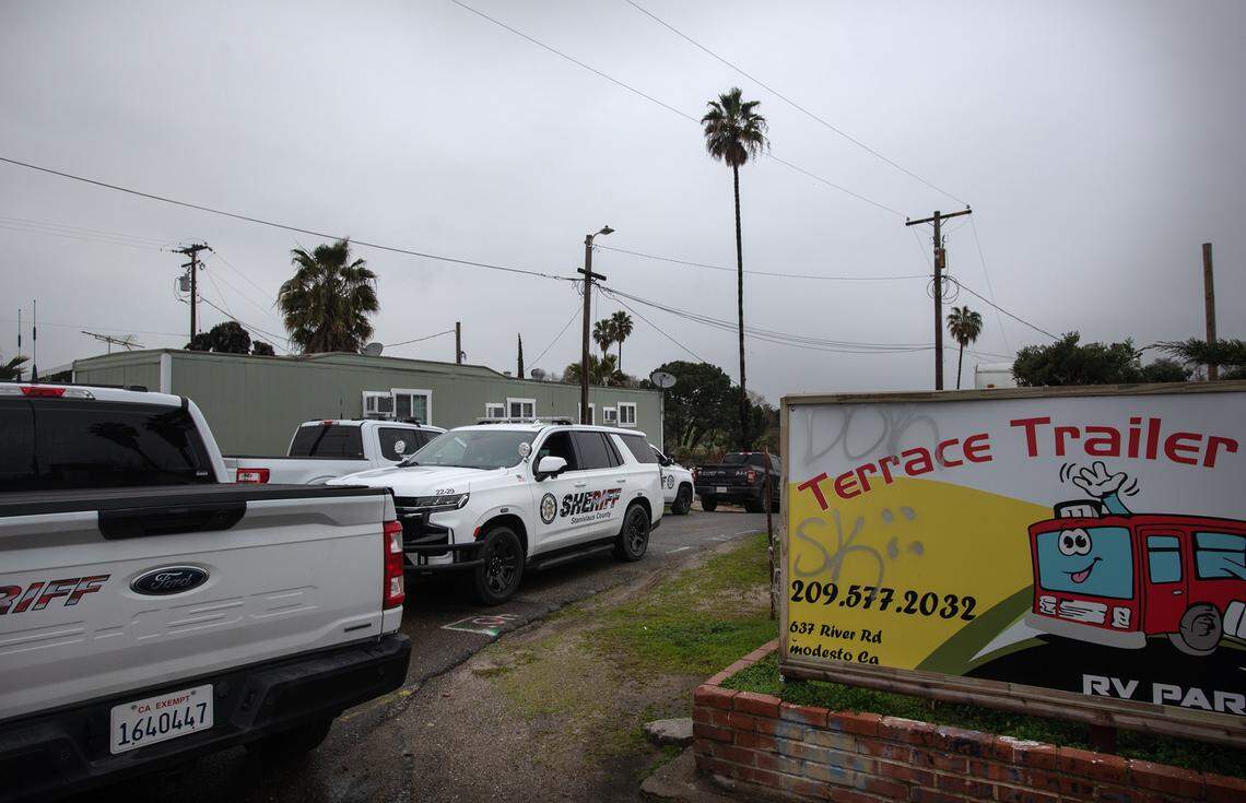 The Stanislaus County Office of Emergency Services gave residents at Terrace Trailer Park on River Road an evacuation order due to potential flooding in Modesto, Calif., Friday, March 10, 2023. The RV park is sits on the Tuolumne River which is expected to rise to 54 feet overnight. Flood stage is at 55 feet along that section of the Tuolumne.