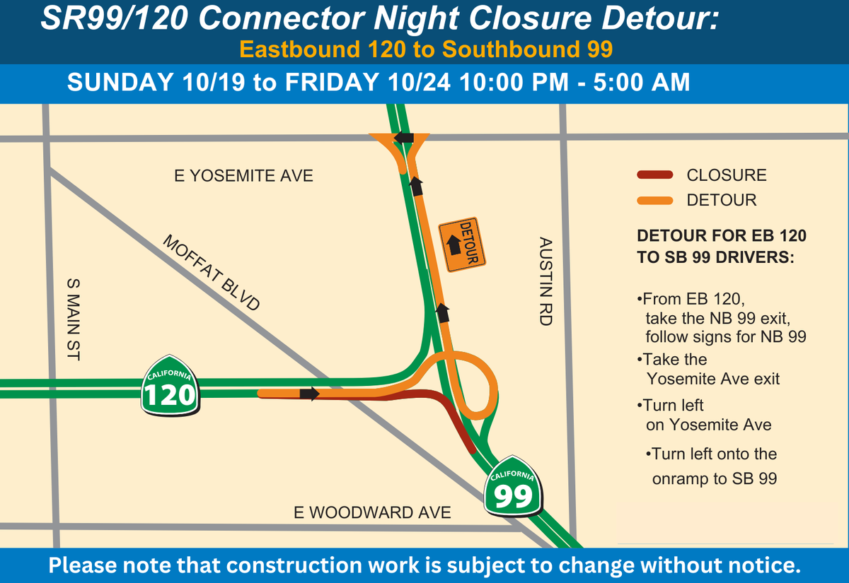 Nighttime detours will be in effect at Highways 99 and 120 in Manteca, California, from late Sunday, Oct. 19, to early Friday, Oct. 24, 2025.