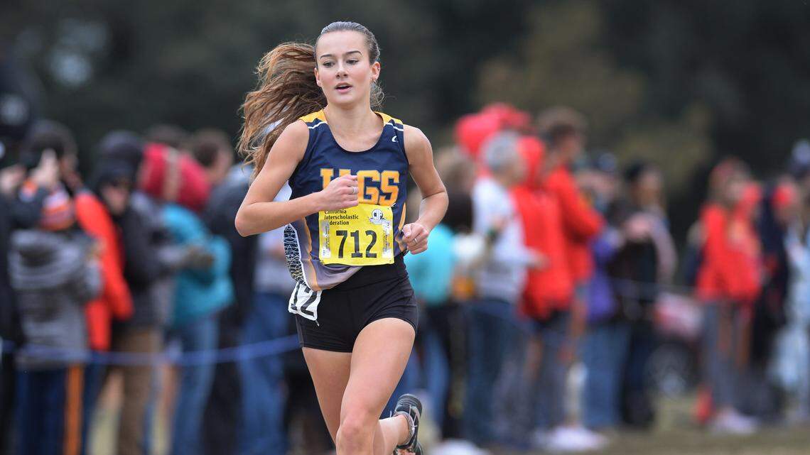 Madison Kackley of Gregori races to the finish during the girls Division 1 race in the California state cross country championships at Woodward Park in Fresno on Saturday, Nov. 30, 2019. Kackley finished fifth.