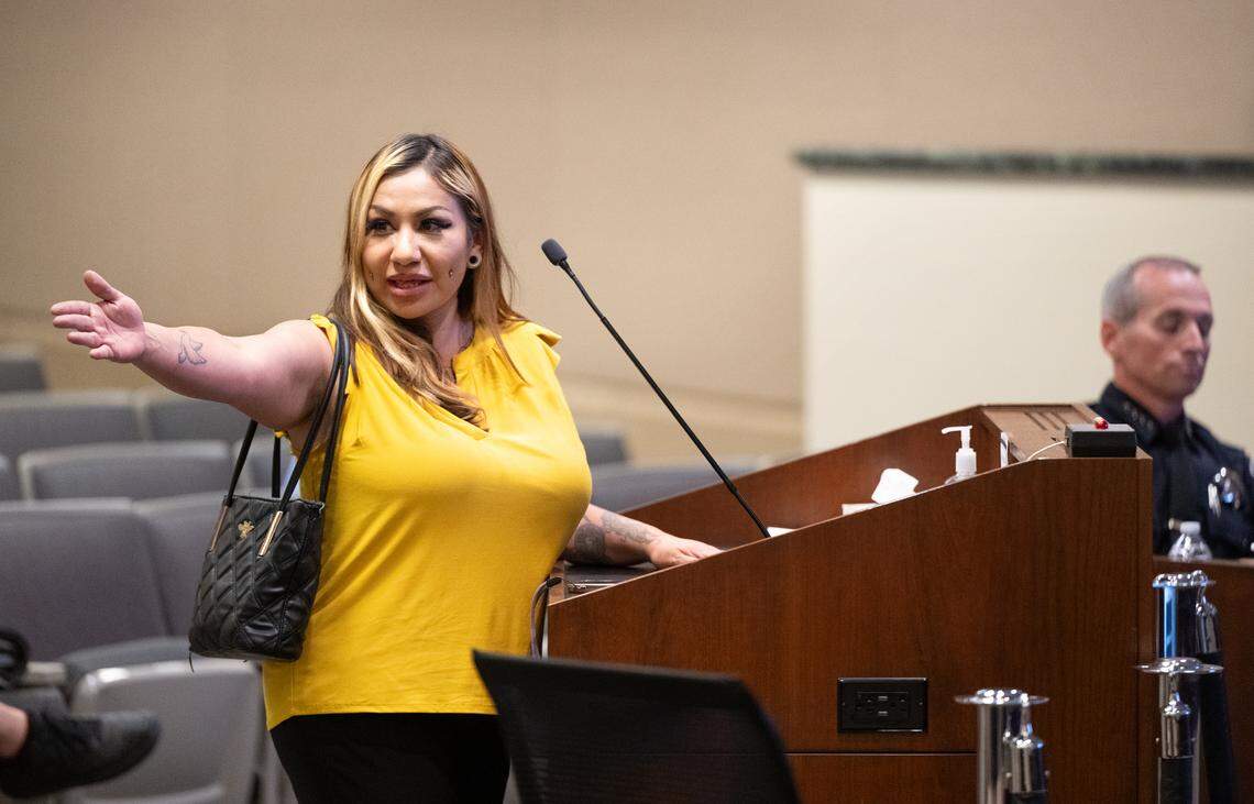 Monica Flores speaks during public comment during the Community Police Review Board meeting at 10th Street Place in Modesto, Wednesday June 18, 2025.