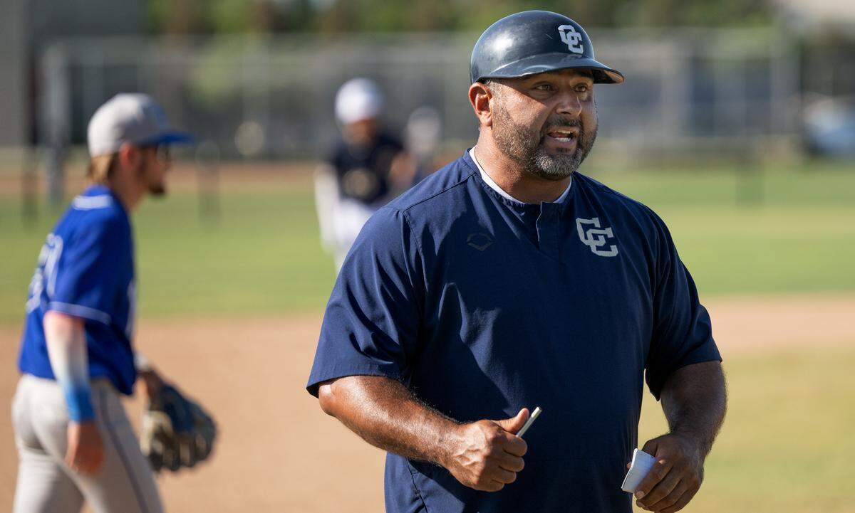 Central Catholic head coach Danny Ayala calls out to the dugout during the Sac-Joaquin Section Division 3 playoff game with Bear Creek at Central Catholic High School in Modesto, Wednesday, May 7, 2025. Central won the game 10-6.