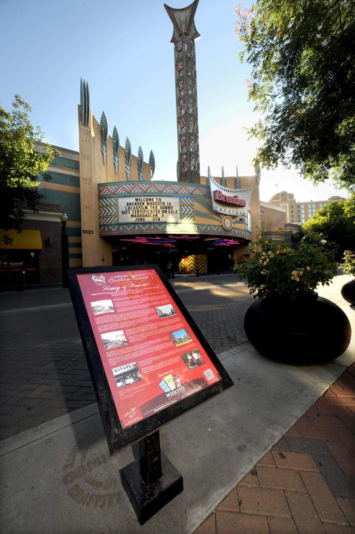 (Debbie Noda/dnoda@modbee.com) One of the Modesto Graffiti walking tour interactive kiosks at Tenth Street Plaza downtown near the Brenden Theater, June 11, 2012.