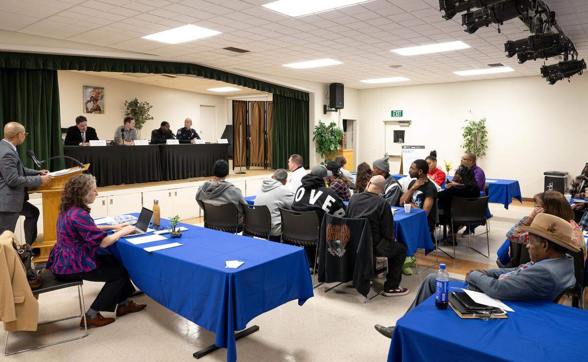 Austin Grant speaks during a NAACP panel on law enforcement at the King-Kennedy Center in Modesto on Tuesday, Feb. 18, 2025.