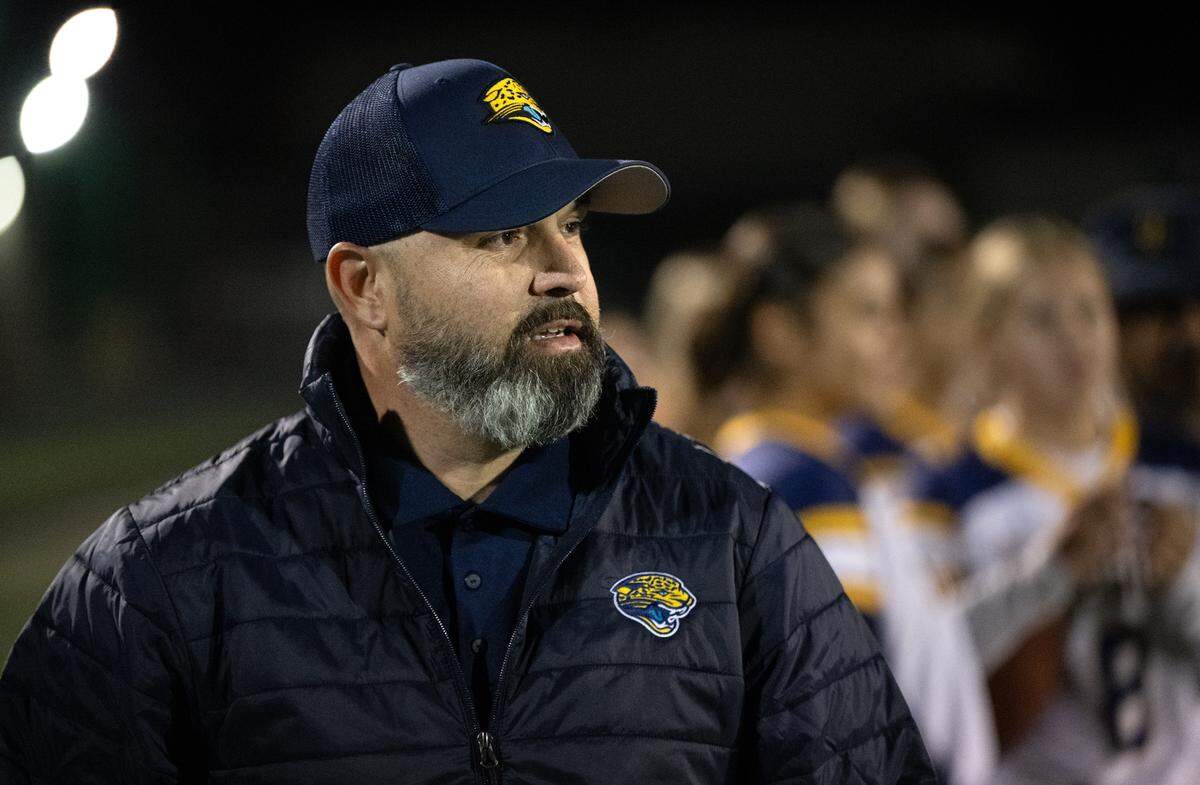Gregori coach Leonard Weaver watches action during the Sac-Joaquin Section playoff game with St. Mary’s at St. Mary’s High School in Stockton, Tuesday, Oct. 29, 2024.