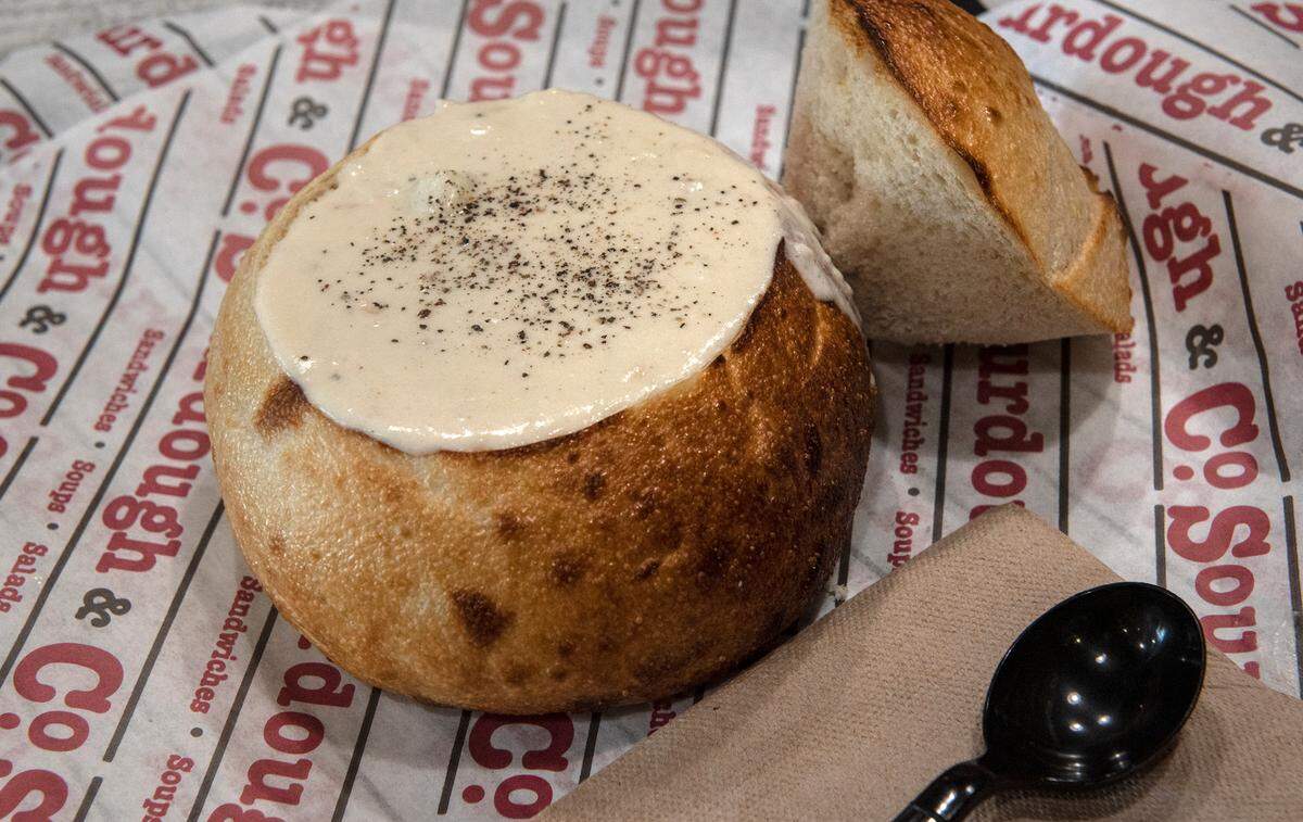 Clam chowder soup in a sourdough bread bowl at Sourdough & Co. in Turlock, Calif., on Thursday, March 4, 2021.