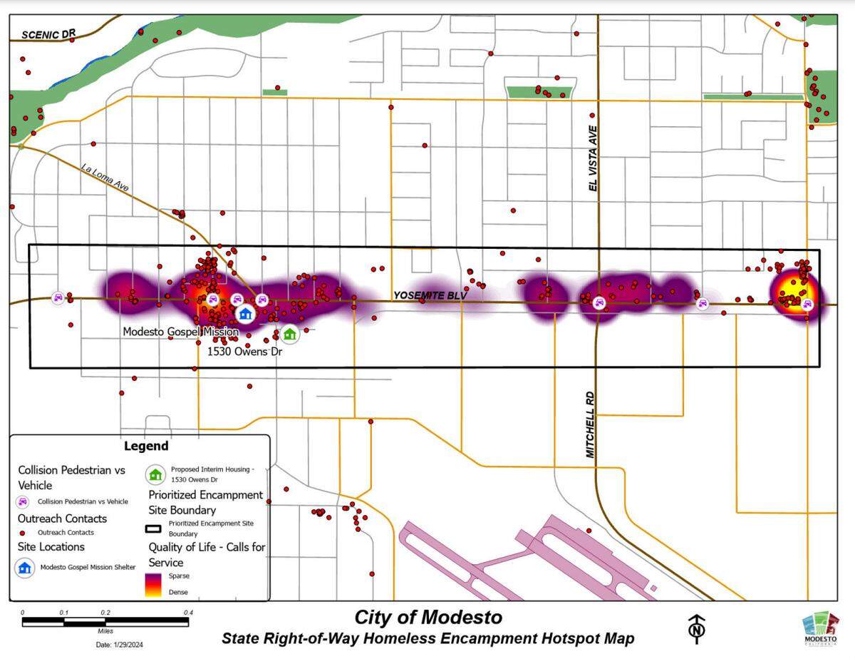 State right-of-way homeless encampment hot-spot map provided by the city of Modesto