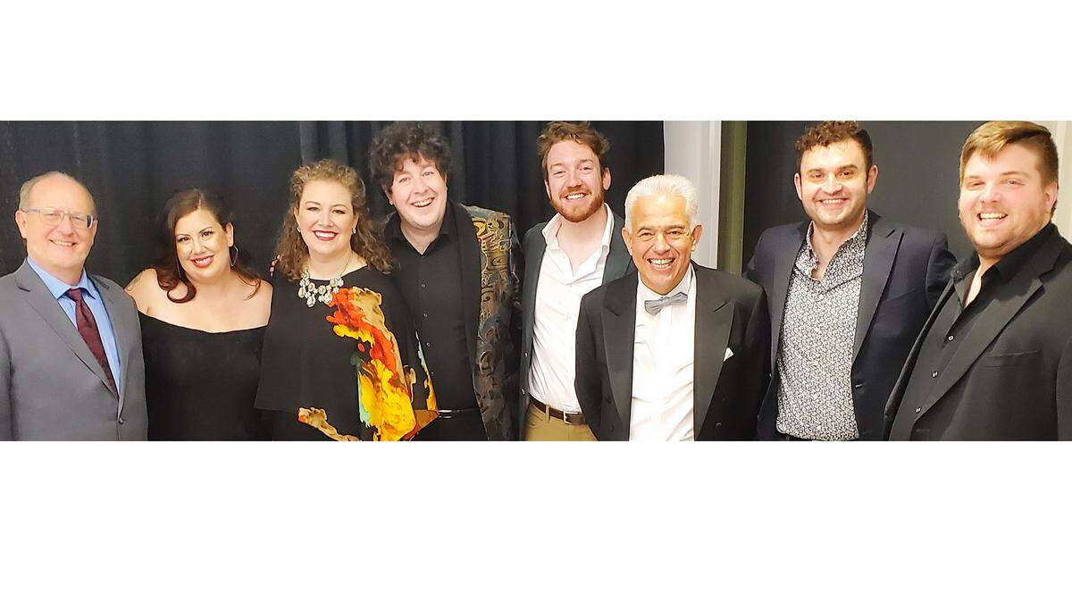 Opera Modesto General Director Roy Stevens, left, and other performers helped the Sacramento Philharmonic and Opera stage “The Barber of Seville” after several cast members tested positive for COVID-19 on May, 7, 2022. Left to right after Stevens are Marina Harris, Liisa Dávila, Spencer Reichman, Tim Murray, Christoph Campestrini, Alex Soare and Victor Cardamone.