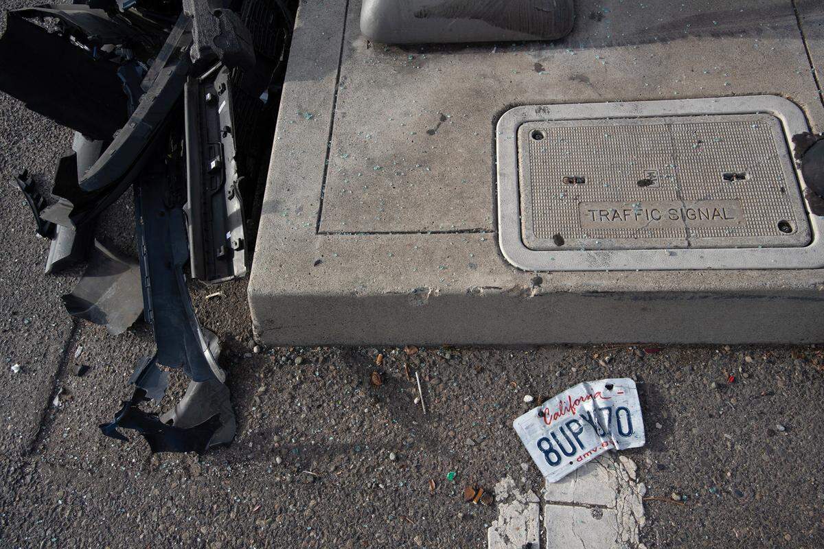 Broken car parts lay on the ground after a crash on Briggsmore Avenue and Coffee Road in Modesto, Calif., on Thursday, May 5, 2022. The California Office of Traffic Safety ranked Modesto worst among its peer cities for traffic crashes. The ranking is for 2019, which is the latest year for which OTS has statistics, and places Modesto first among 59 California cities with 100,000 to 250,000 residents. Modesto’s population is about 220,000 residents.