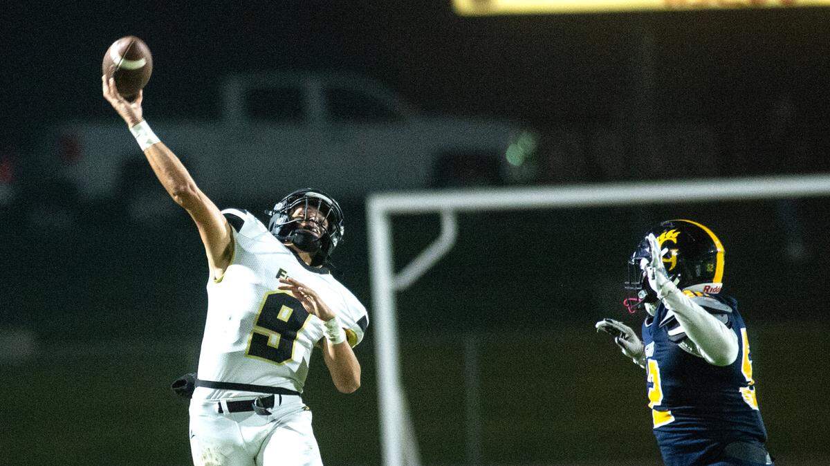 Enochs’ quarterback Keith Orona lauches a pass during the Central California Athletic League game with Gregori at Gregori High School in Salida, Calif., on Friday, Oct. 1, 2021. Gregori won the game 61-48.
