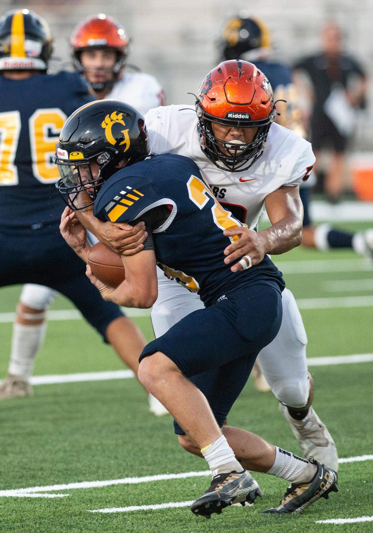 Merced Jalonn Booth stops Gregori runningback Michael Marsden during the non-league game at Gregori High School in Salida, Calif., on Friday, August 26, 2022.