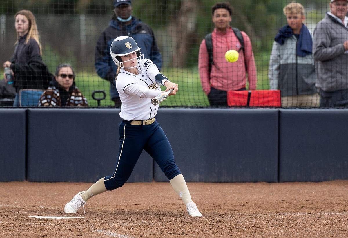 Central Catholic’s Emori Machado connects with a home run during the Valley Oak League game with Manteca at Central Catholic High School in Modesto, Calif., on Monday, March 28, 2022. Central Catholic won the game 1-0.