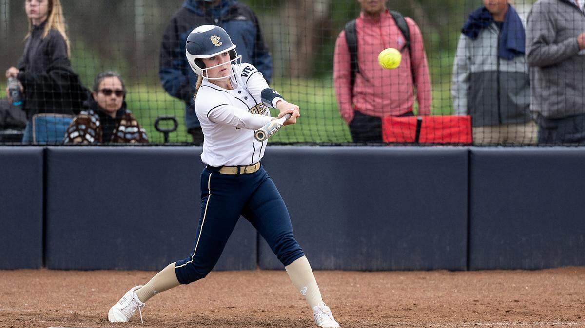 Central Catholic’s Emori Machado connects with a home run during the Valley Oak League game with Manteca at Central Catholic High School in Modesto, Calif., on Monday, March 28, 2022. Central Catholic won the game 1-0.