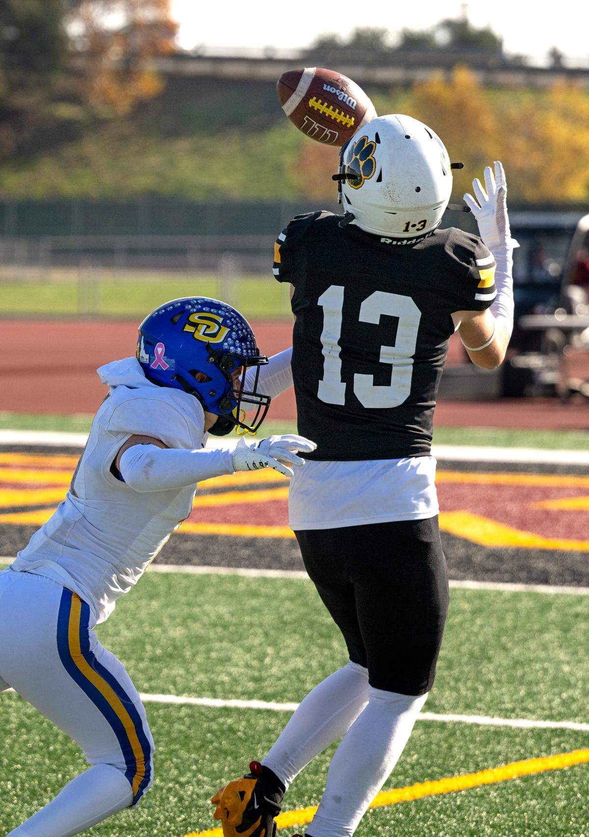 Hughson’s Bryce McDaniel makes a reception during the Sac-Joaquin Section Division 5 championship game with Sutter at Sacramento City College in Sacramento, Saturday, Nov. 30, 2024.