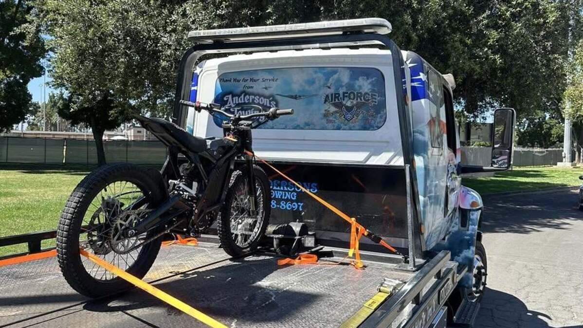 One of the electric dirt bikes seized by Ceres police sits ready to be driven away for impoundment.