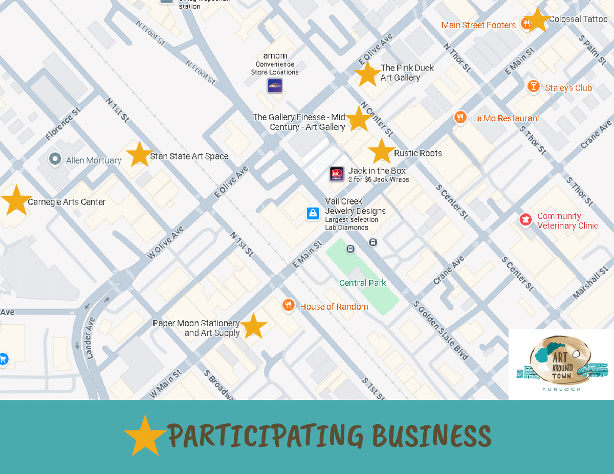 A map of participating businesses for the Art Around Town event in downtown Turlock on Feb. 5, 2026.