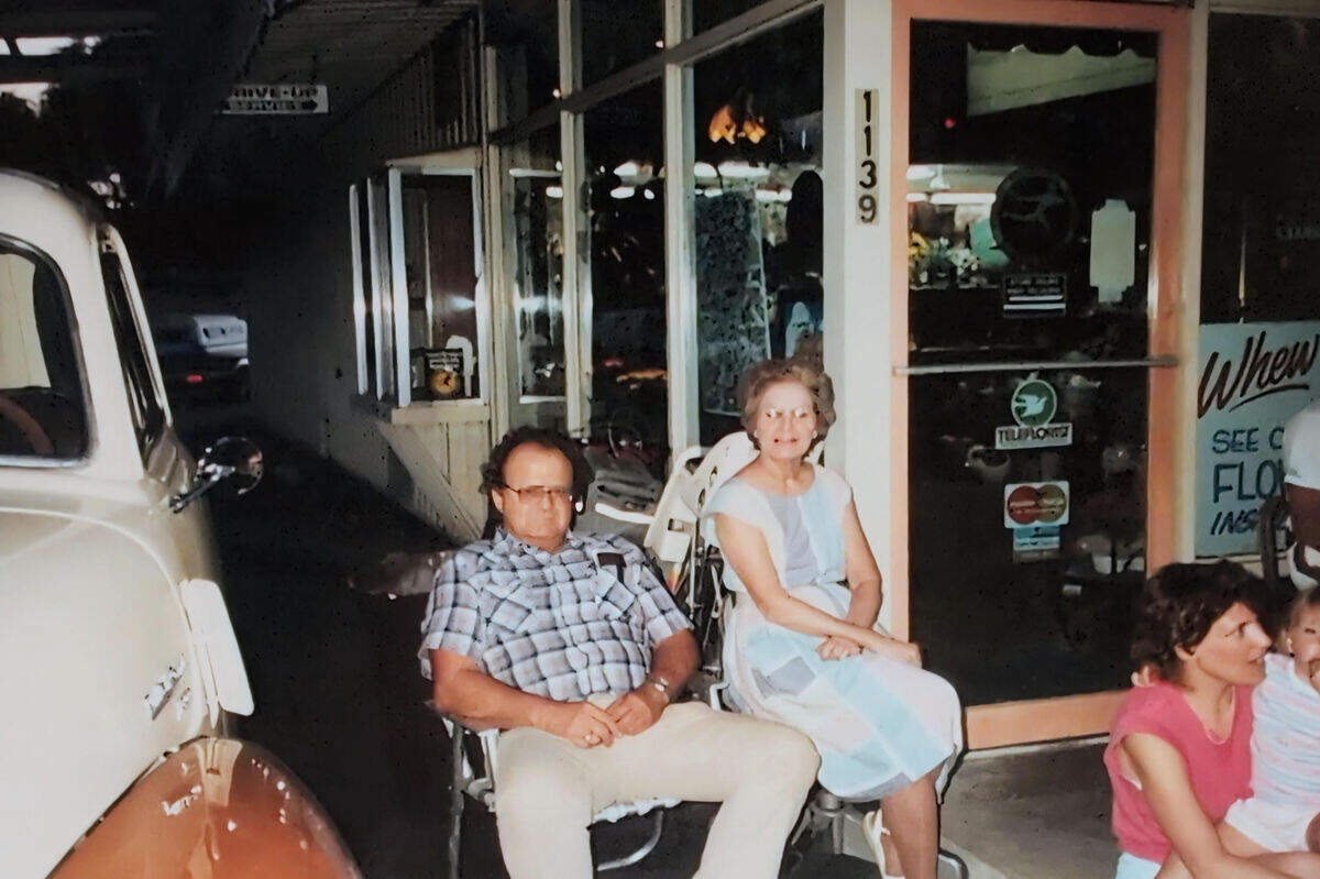 Howard and Wilma Downing in front of Hart Floral during Graffiti Night in 1987.
