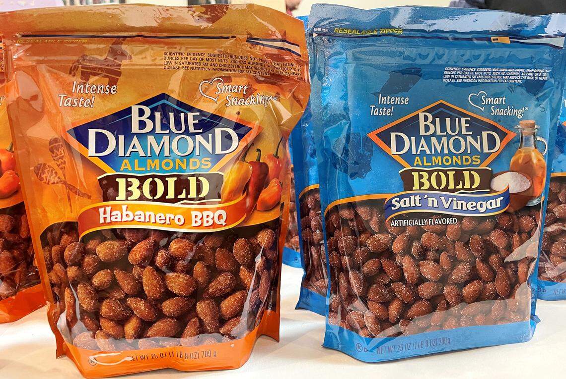 Two flavors of Blue Diamond almonds were displayed during the cooperative’s annual meeting in Modesto CA on Nov. 15, 2022.