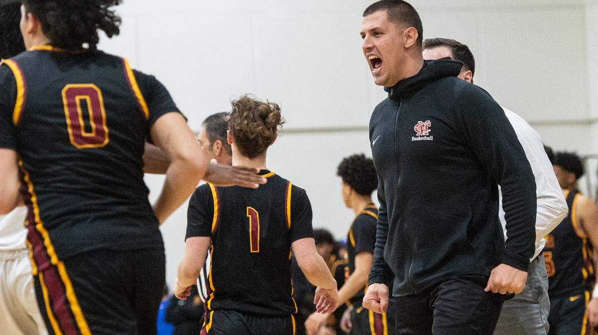 Modesto Christian’s coach Brice Fantazia reacts to a score during the Modesto Christian Holiday Hoop Classic championship game at Modesto Christian High School in Salida, Calif., Friday, Dec. 30, 2022. MC won the game 79-55.