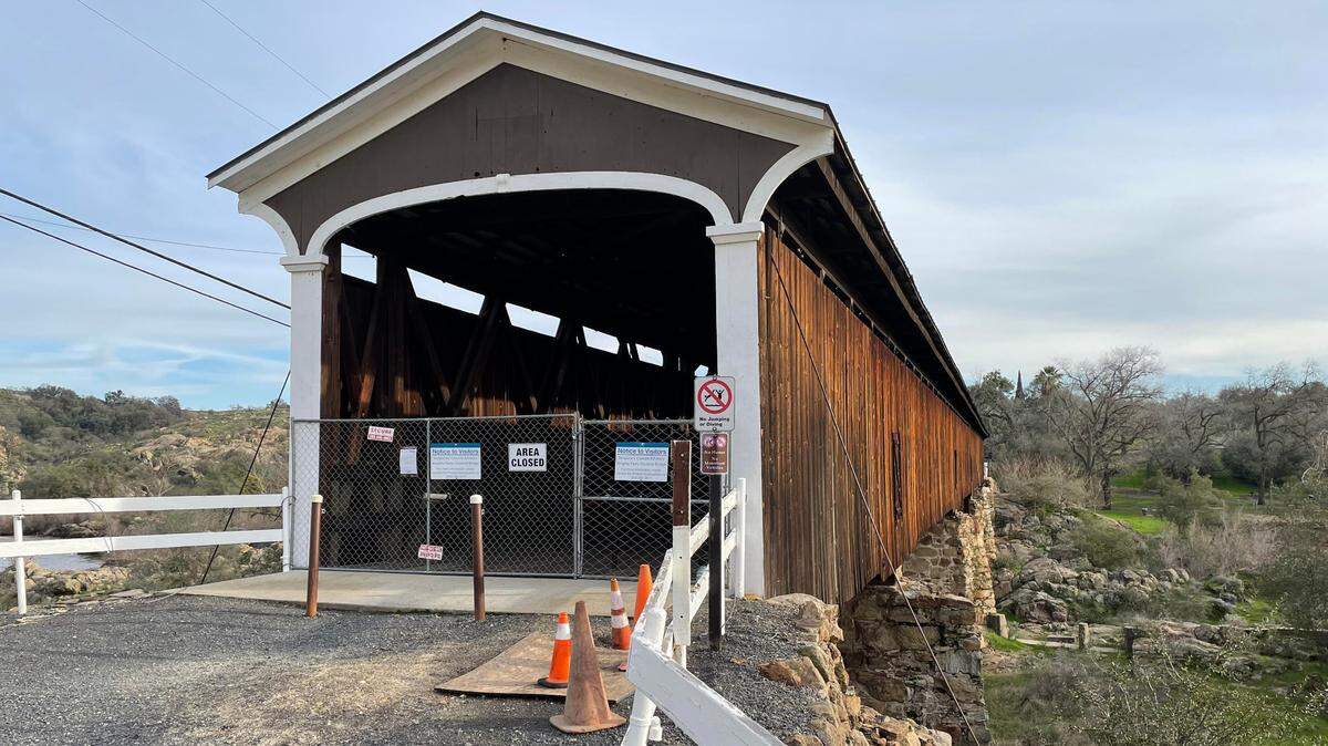 The Knights Ferry Covered Bridge has been gated off since late December 2022 when it was closed for extensive structural repairs.