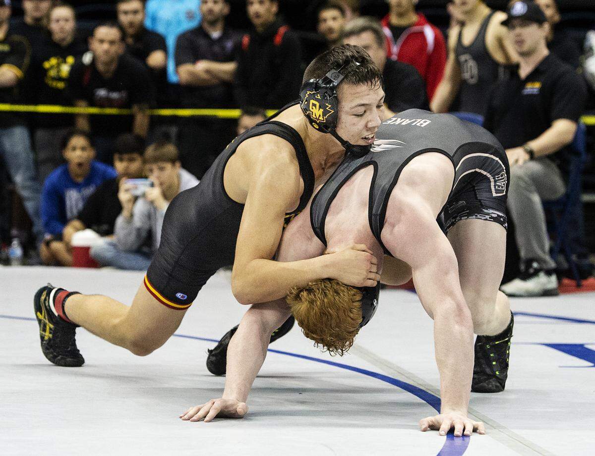 Ceasar Garza of Oakdale defeats Eli Blake of Del Oro at 145-pounds to win the championship during the 2020 CIF Sac-Joaquin Section Masters Meet at Stockton Arena in Stockton, Calif., on Saturday, Feb. 22, 2020.