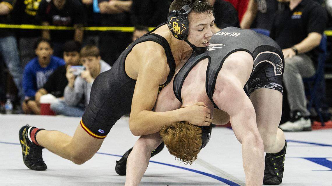 Ceasar Garza of Oakdale defeats Eli Blake of Del Oro at 145-pounds to win the championship during the 2020 CIF Sac-Joaquin Section Masters Meet at Stockton Arena in Stockton, Calif., on Saturday, Feb. 22, 2020.