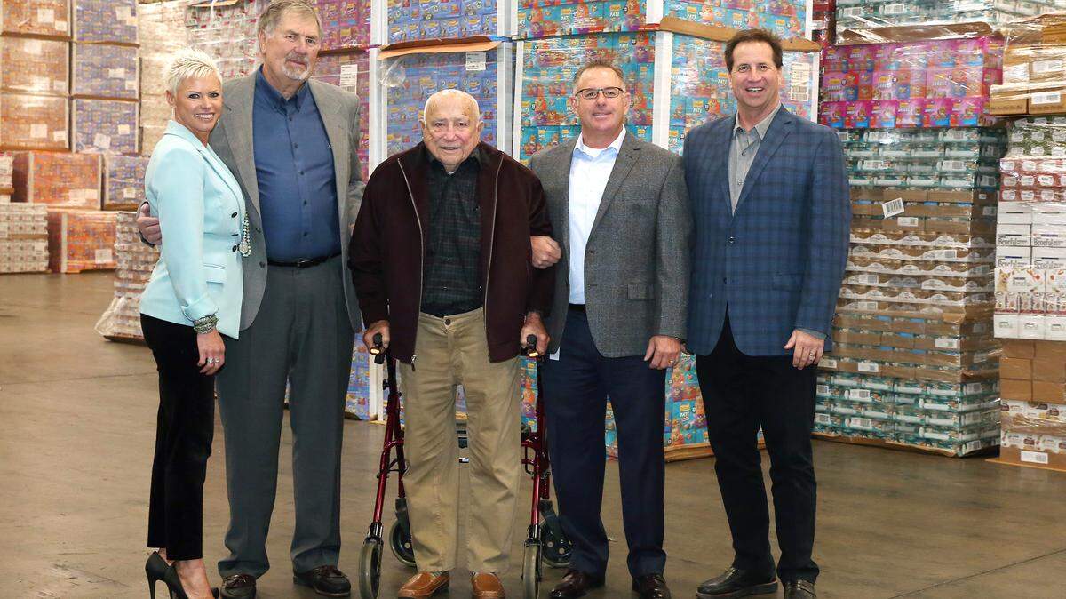 Sierra Pacific Warehouse Group include, from left, Chief Financial Officer Michelle Van Artsdalen; founders Mike McNulty and Roy Atkins; Ken Sauls, general manager of refrigerated services; and CEO Chris Murphy. It celebrated its 30th anniversary in November 2018.