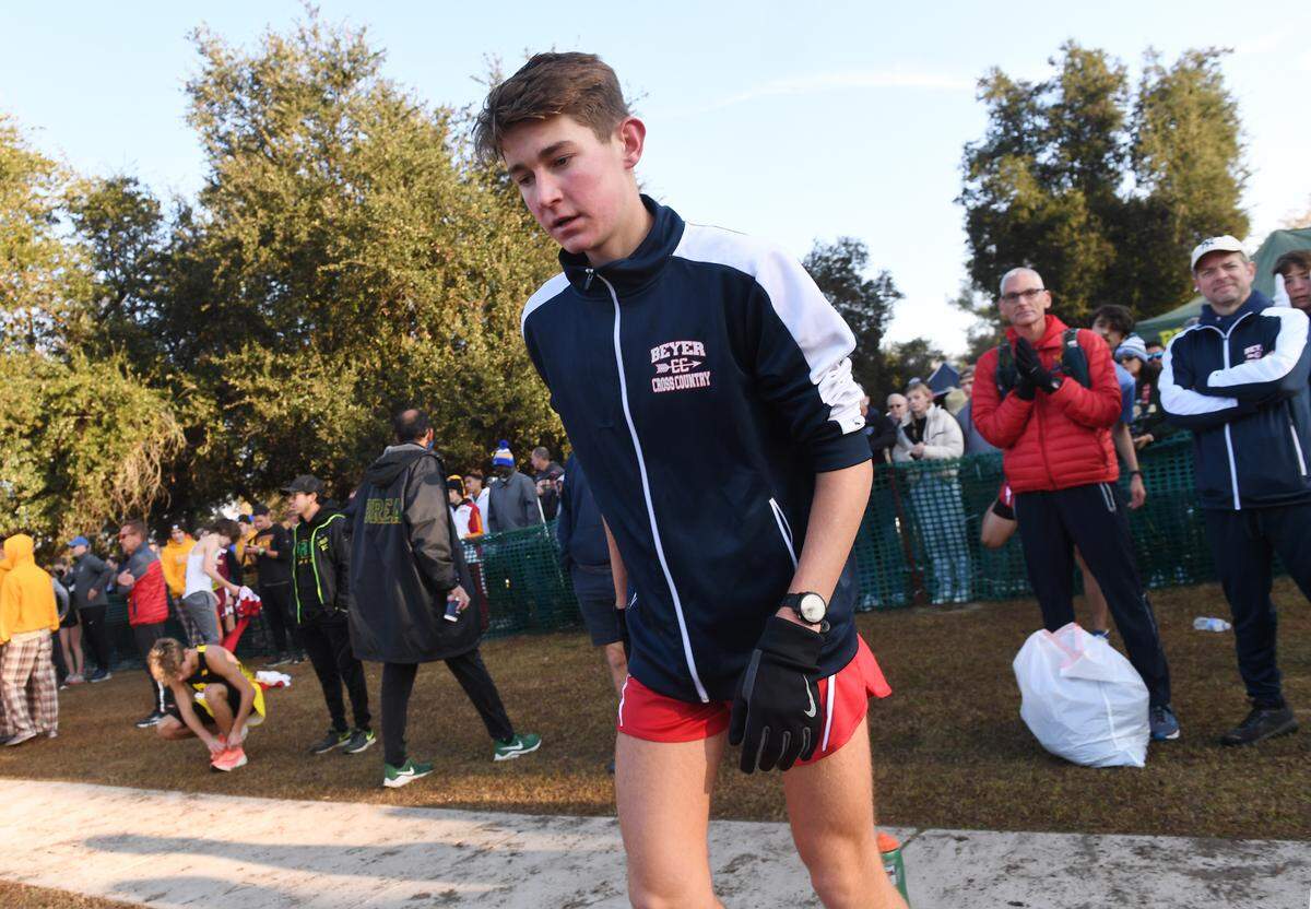 Beyer’s Nathanael Olsen warms up before the Boys Division III race at the CIF state cross country championships held at Woodward Park Saturday, Nov. 27, 2021 in Fresno.