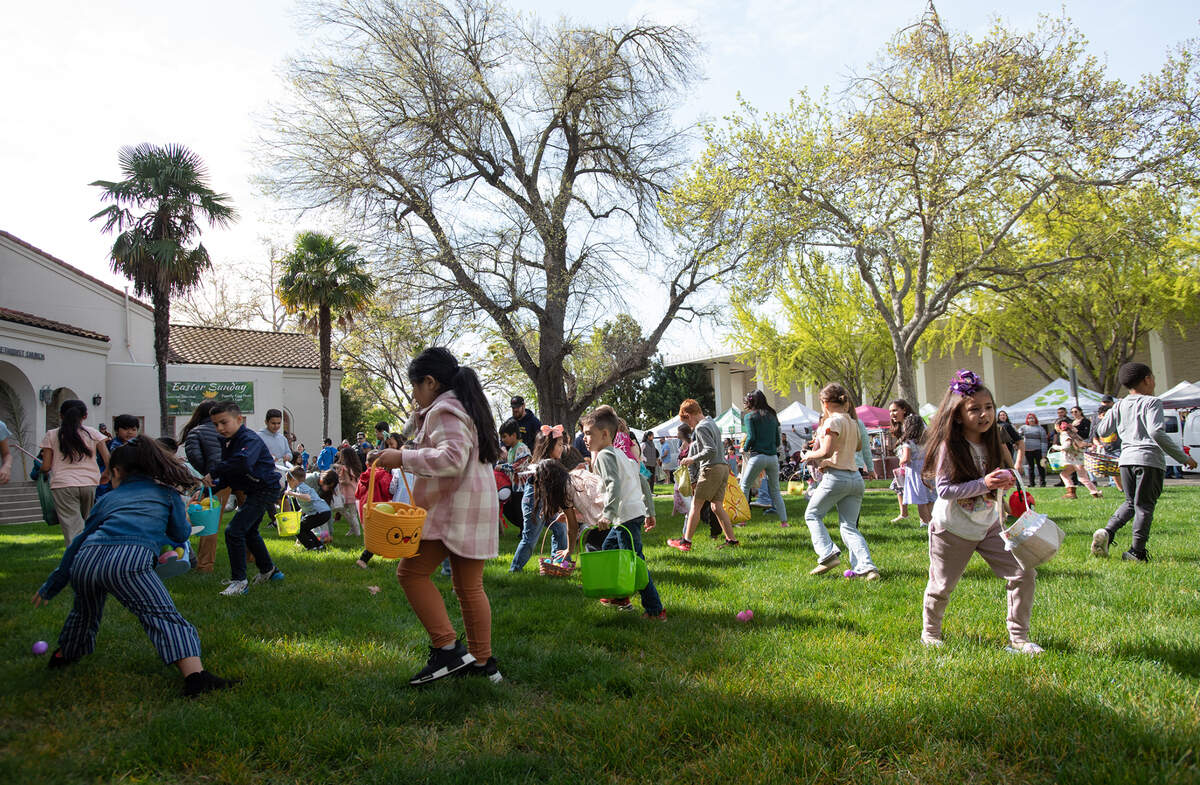 Children gather Easter eggs during the farmers’ market egg hunt on the lawn at the First United Methodist Church in Modesto, Calif., Saturday, April 8, 2023.