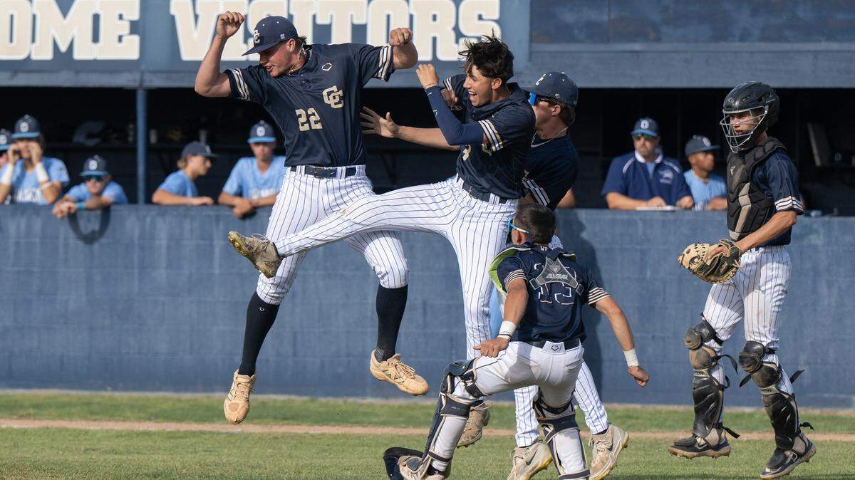 Central Catholic players celebrate their 3-1 win to close out the D-III Sac-Joaquin Section semifinal series with Oakmont at Central Catholic High School in Modesto on Wednesday, May 14, 2025. Central won the series 2-0 over the top-seeded Oakmont.