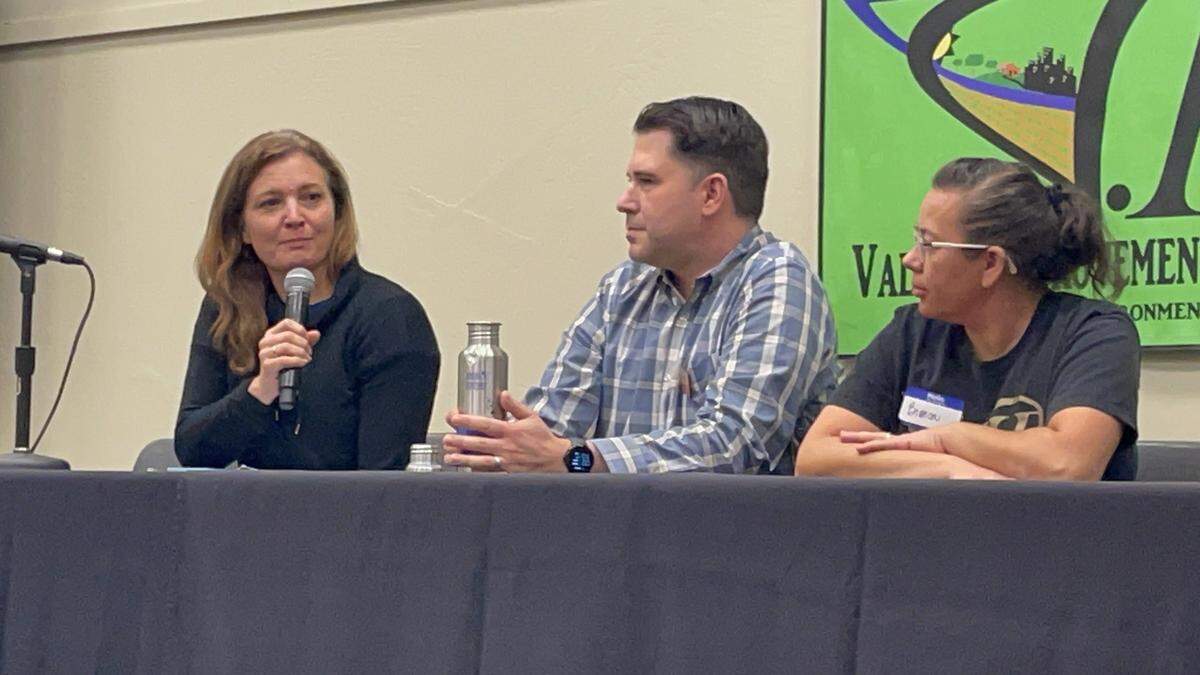CalRecycle Deputy Director Katrina Leni-Konig, left, speaks at a zero-waste forum in Modesto on Oct. 4, 2025. Also pictured are Nick Lapis of Californians Against Waste and Bianca Lopez of Valley Improvement Projects.