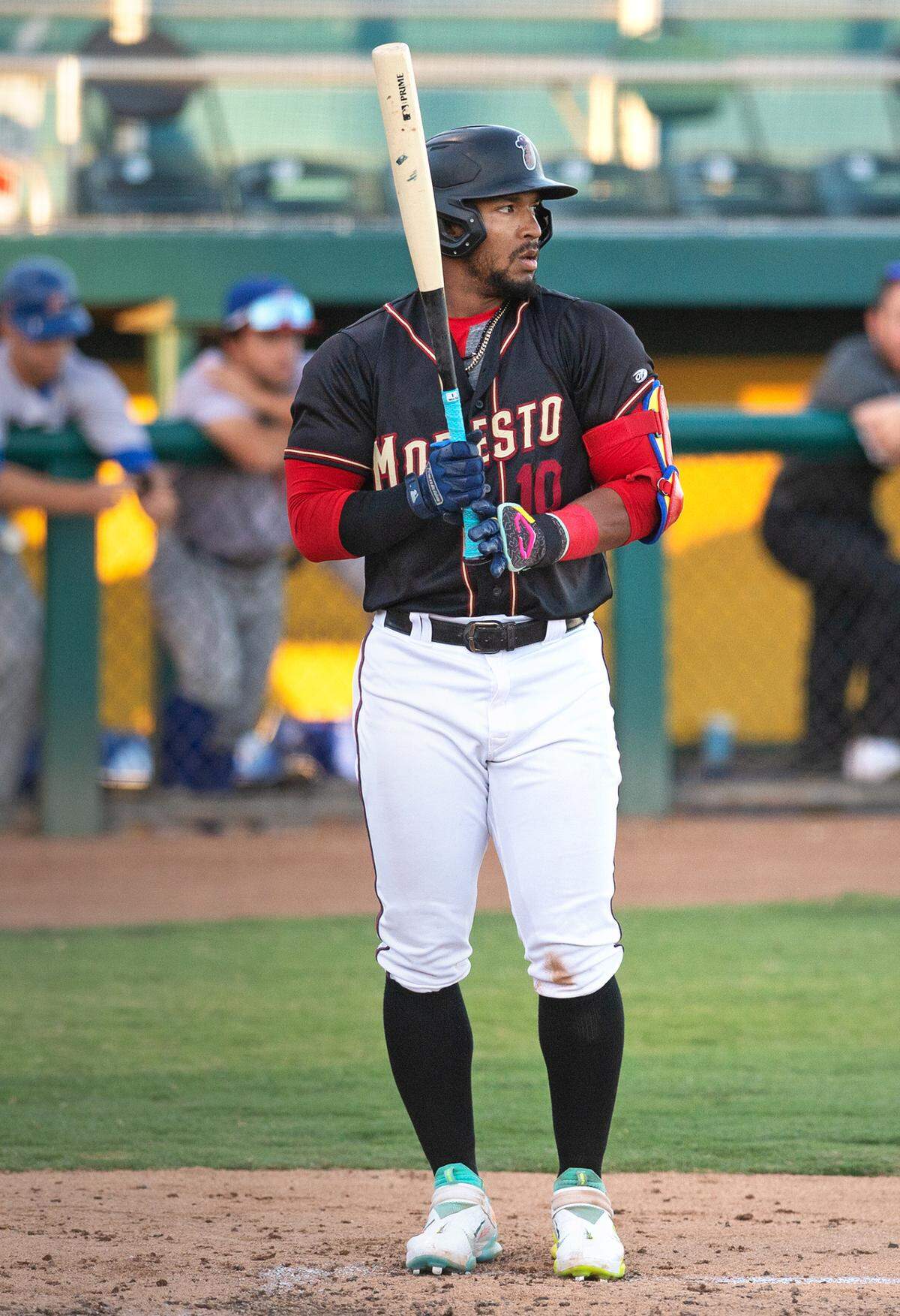 Modesto Nuts firstbaseman Robert Perez Jr. prepares to bat during the California League game with the Stockton Ports at John Thurman Field in Modesto, Calif., on Wednesday, July 6, 2022.