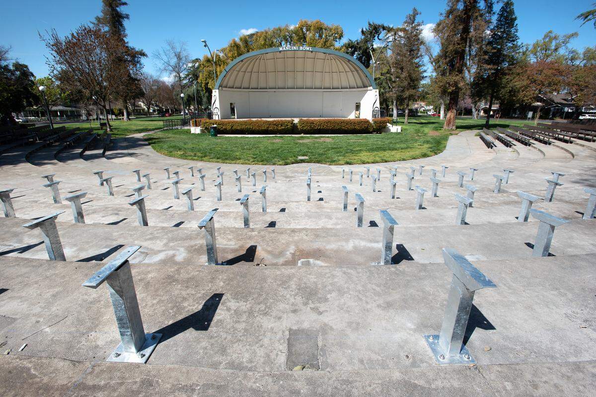 Seating is being installed at Mancini Bowl in Graceada Park in Modesto, Calif., Tuesday, April 4, 2023.