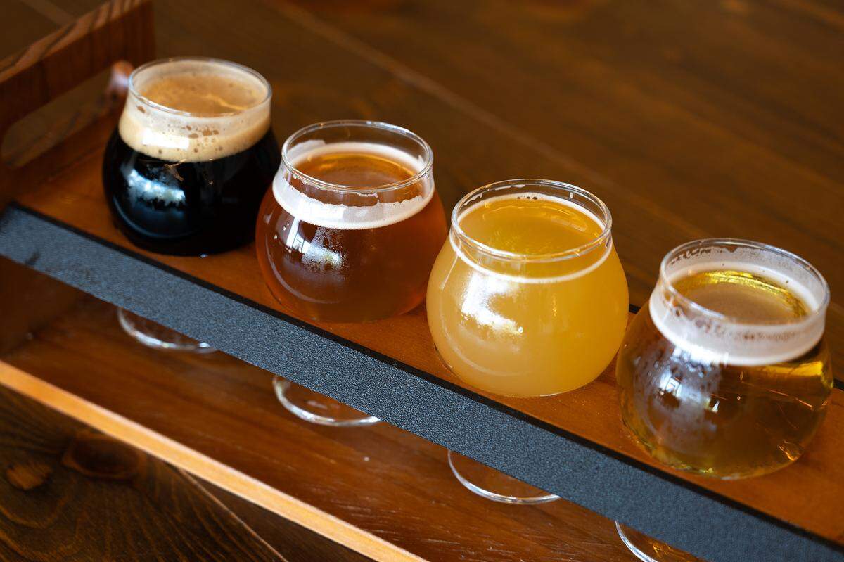 Flight of beer, from the left, nitro stout, double IPA, IPA, and a pilsner at Track 424 Brewery in Modesto, Calif., Friday, June 28, 2024.