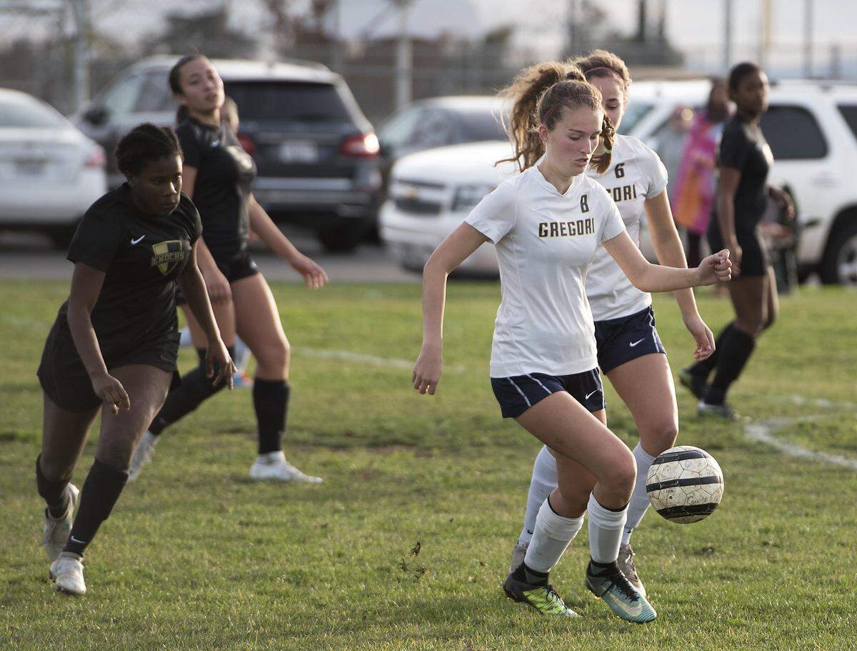 Gregori defender Katie Molthen clears the ball during the Modesto Metro Conference game with Enochs in Salida on Friday, Jan. 26, 2018.