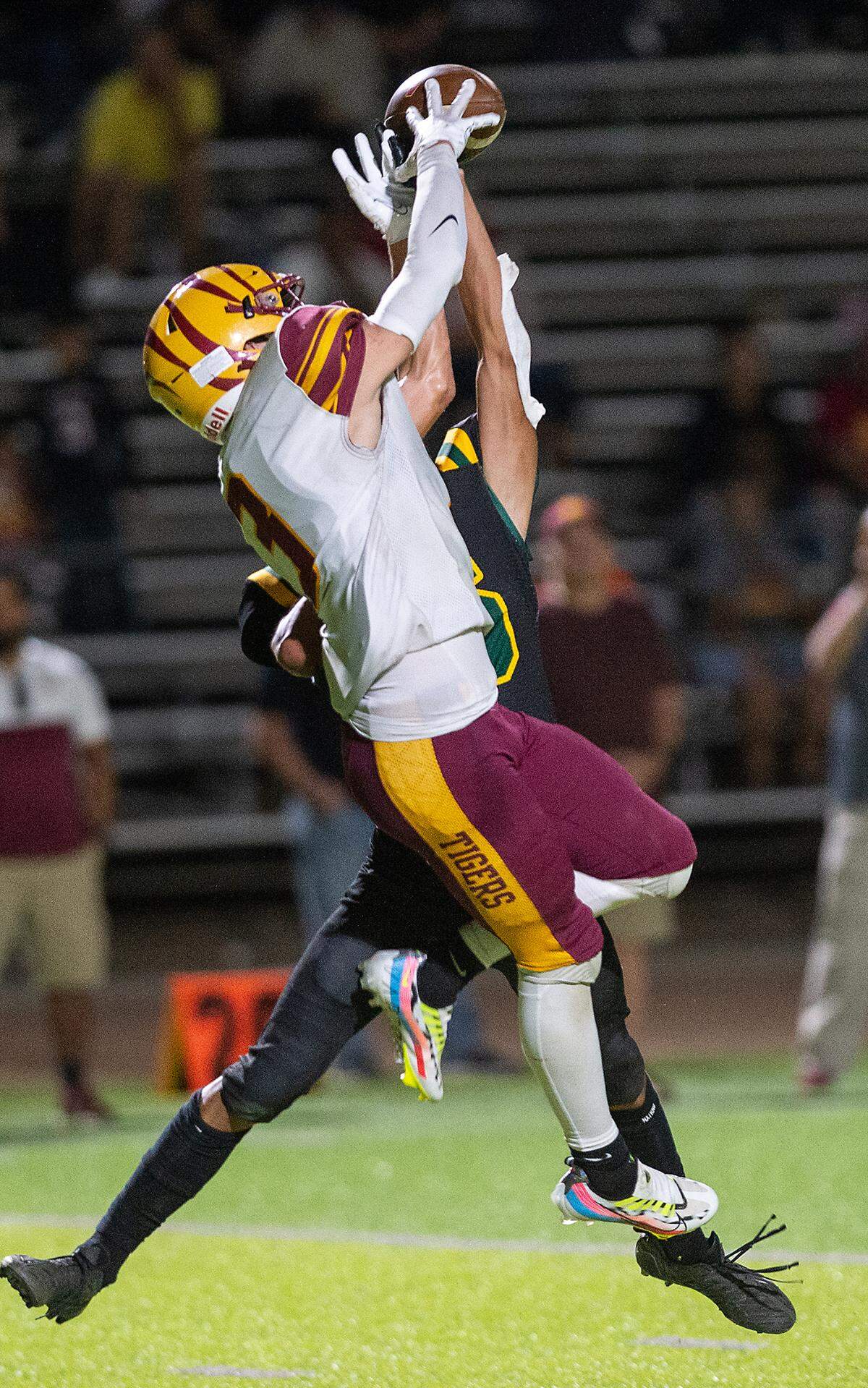 Davis’ Jayden Lau breaks up a pass intended for Los Banos receiver Jamison Braniff during a Western Athletic Conference game at Downey High School in Modesto, Calif., on Friday, September 23, 2022.
